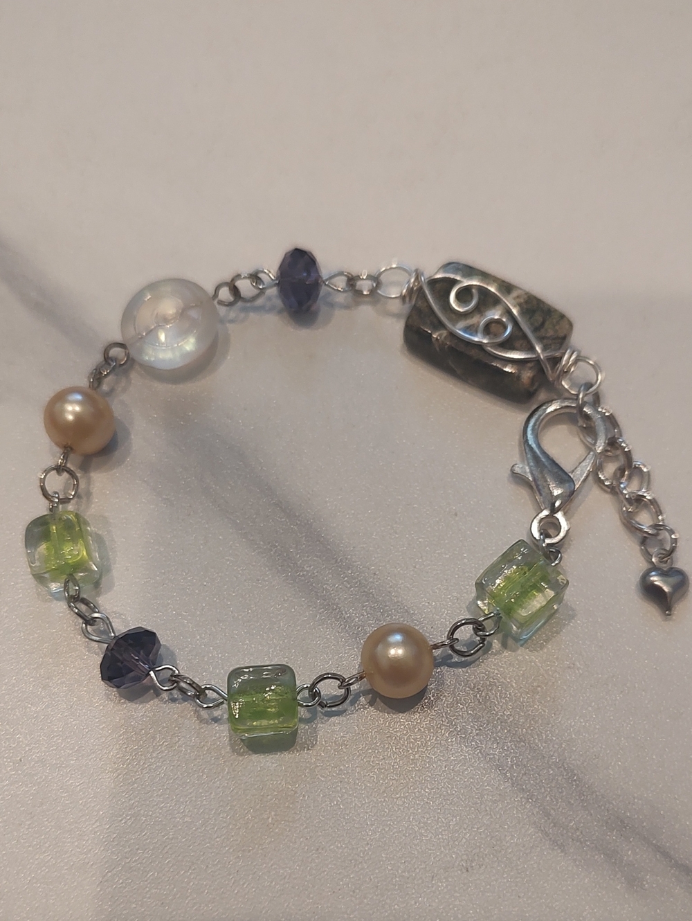Silver Beaded Bracelet With Pearls And Colorful Spring Colors